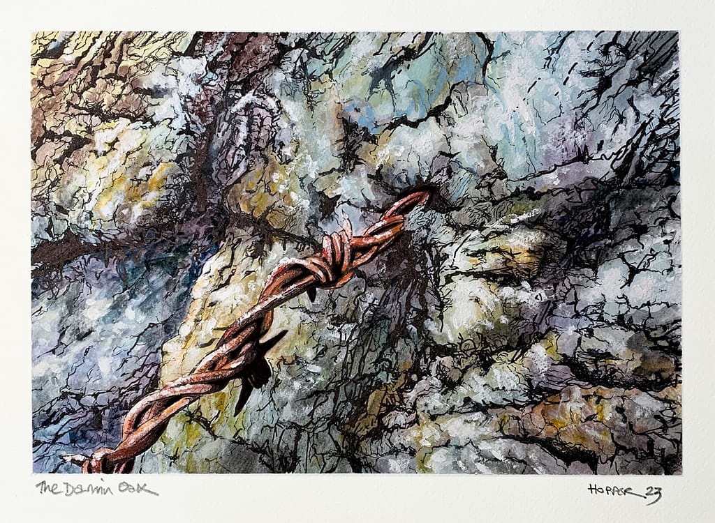 An abstract expressionistic landscape in pen and watercolour. Size 30 x 20cms