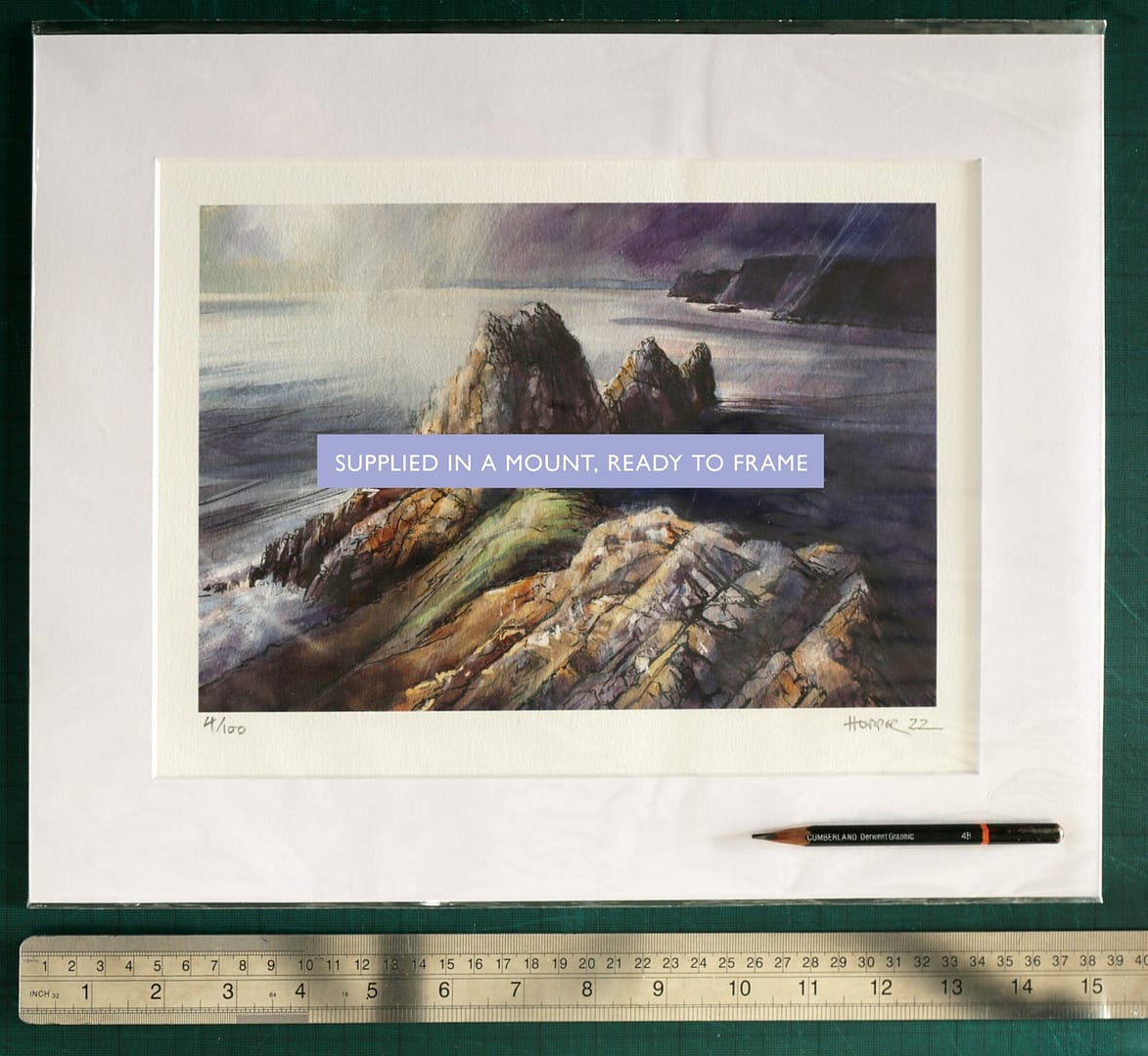 Watercolour painting of Three Cliffs bay, Gower peninsula, Wales, UK