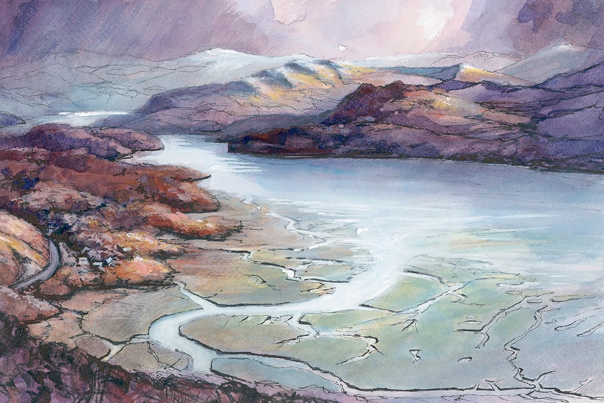 Pen and watercolour painting of Mawddach estuary Wales