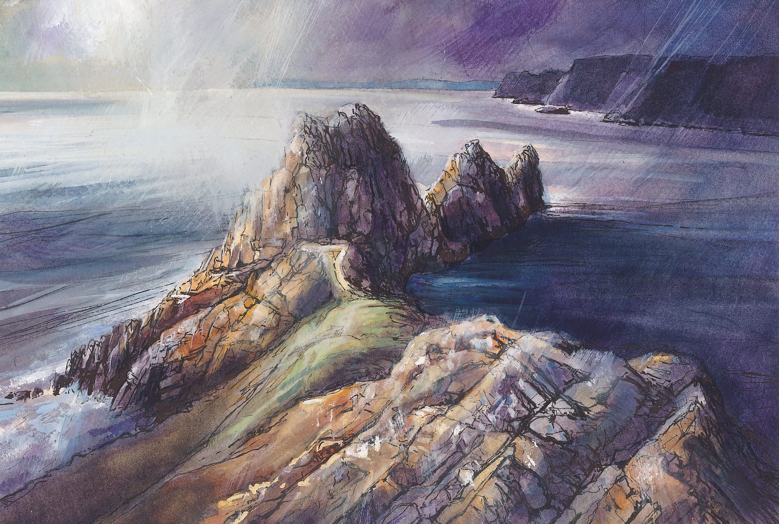 Print of watercolour painting of Three Cliffs bay Gower peninsula