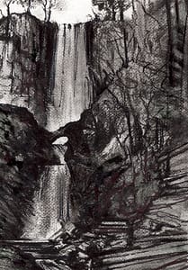 Pistyll Rhaeadr waterfall – charcoal and ink