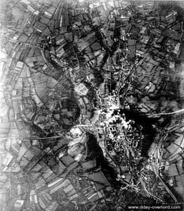 Coutances, Bombing to North of Cathedral, 6.6.44. Railroad sidings visible SE of town.