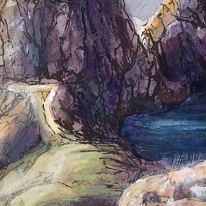 Detail of watercolour painting of Three Cliffs bay, Gower peninsula, Wales, UK