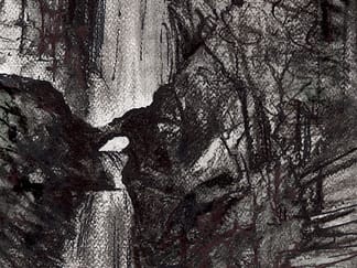 Pistyll Rhaeadr waterfall – charcoal and ink