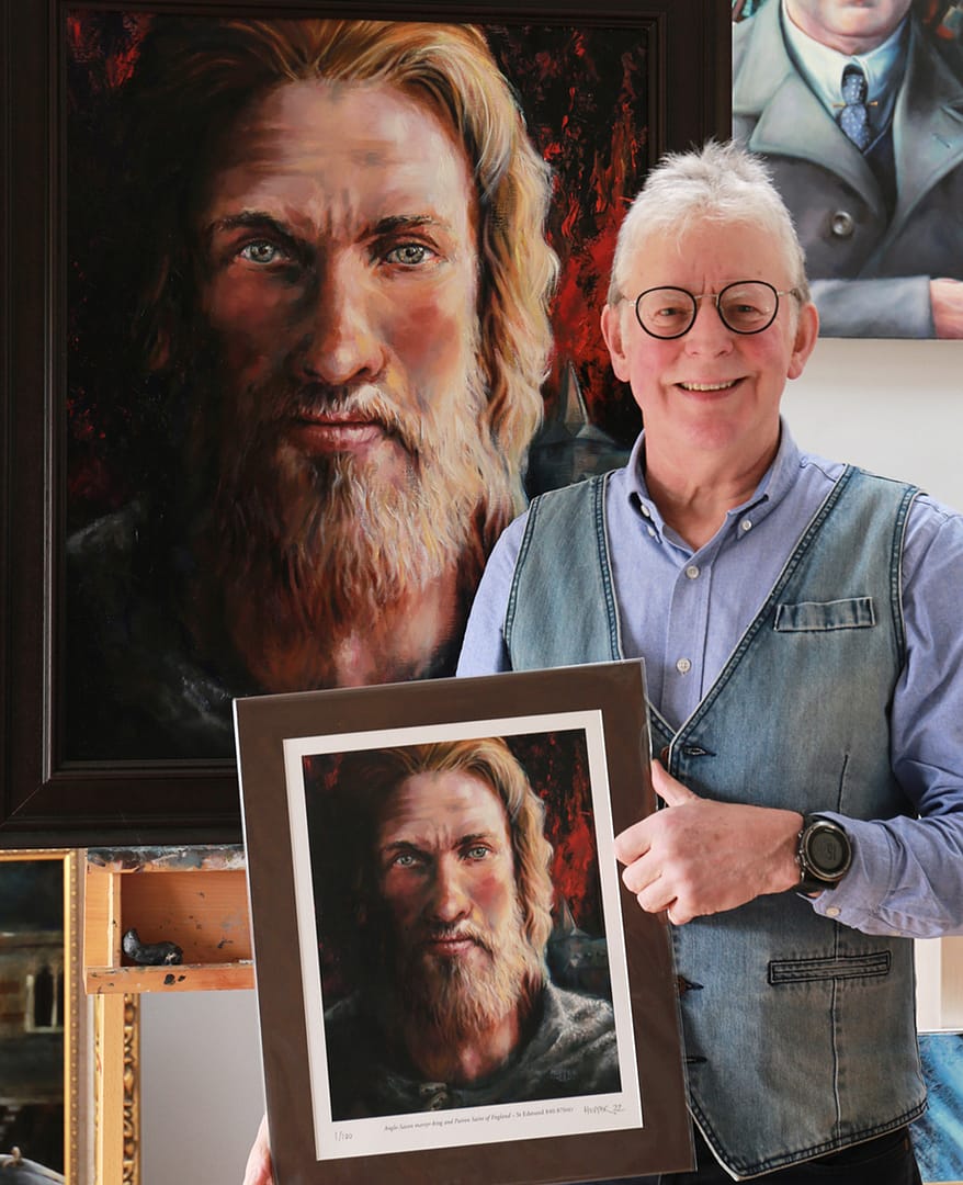 The artist and original oil painting of St Edmund holding limted edition giclee print